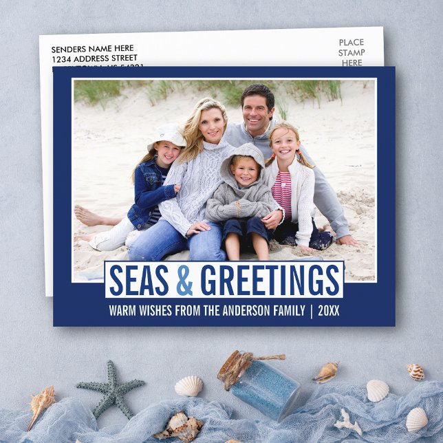 Modern Seas and Greetings Family Photo Blue Postcard (Seas and Greetings Postcard. Personalize with your photo and name.)