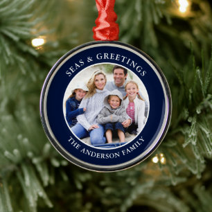 Modern Seas and Greetings Photo Blue Metal Ornament