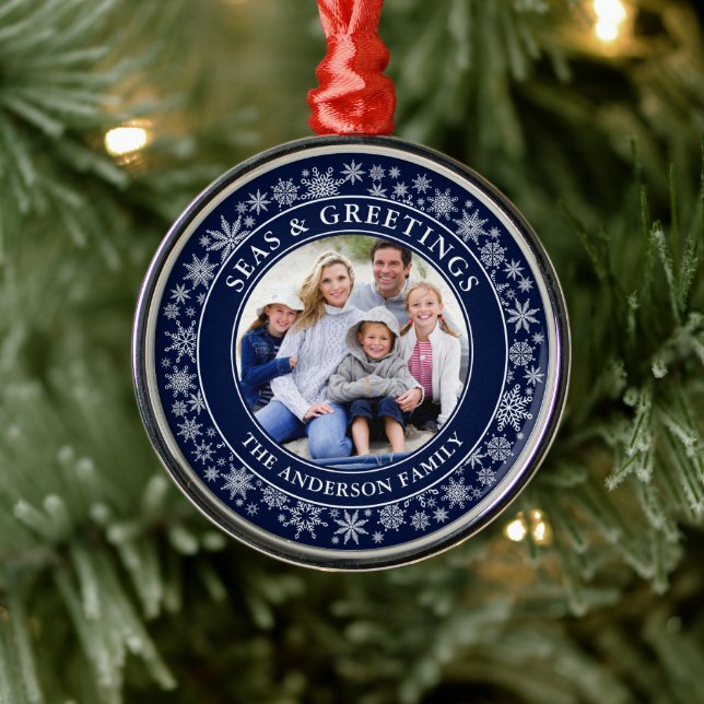 Modern Seas and Greetings Photo Snowflakes Blue  Metal Ornament (Tree)