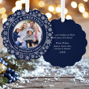 Modern Seas and Greetings Photo Snowflakes Blue Ornament Card