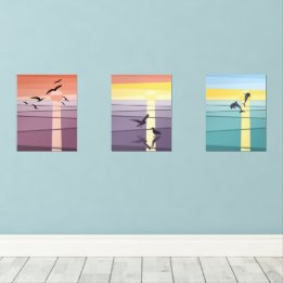 Modern Seascape Sunset, Gulls & Dolphins Vector Wall Art Sets