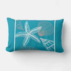 Modern Seashell Beach House Aqua Blue Starfish Lumbar Pillow