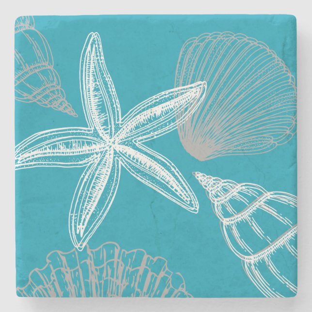 Modern Seashell Beach House Aqua Blue Starfish Stone Coaster (Front)