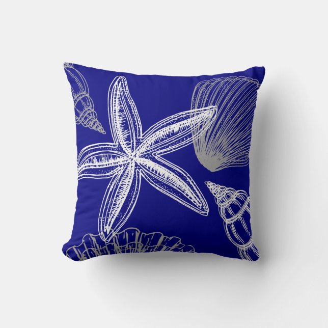 Modern Seashell Beach House Blue White Starfish Throw Pillow (Front)