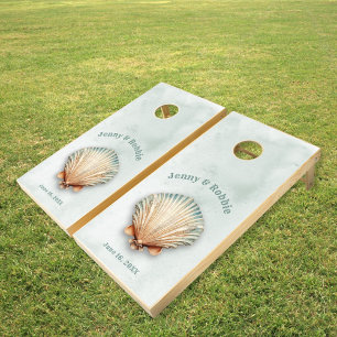 Modern Seashell Beach Wedding Monogram Cornhole Set