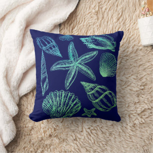 Modern Seashell Navy Aqua White Ombre Beach Shell Throw Pillow