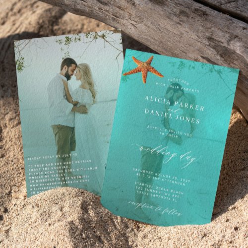 Modern seaside photo QR code destination wedding  Invitation