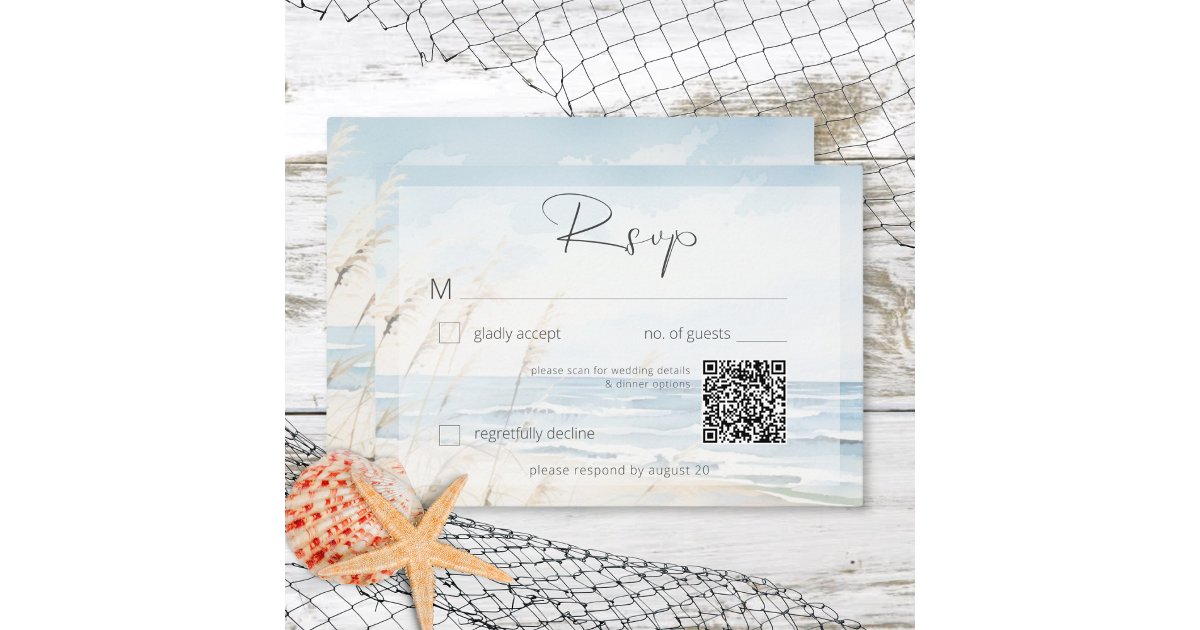 Modern Seaside Watercolor Beach Wedding QR Code RSVP Card | Zazzle