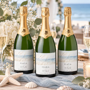 Modern Seaside Watercolor Beach Wedding Sparkling Wine Label