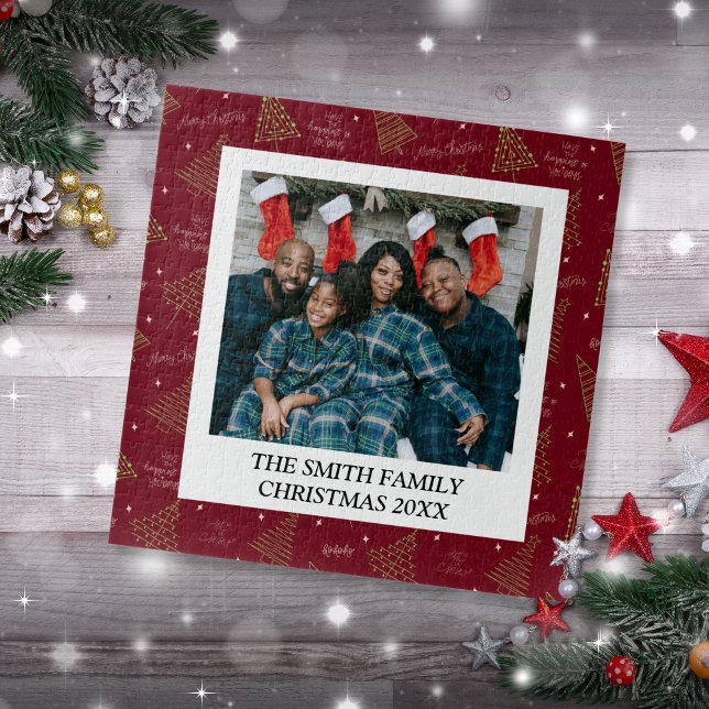 Modern Season Greetings in Red with Family Photo Jigsaw Puzzle (Creator Uploaded)