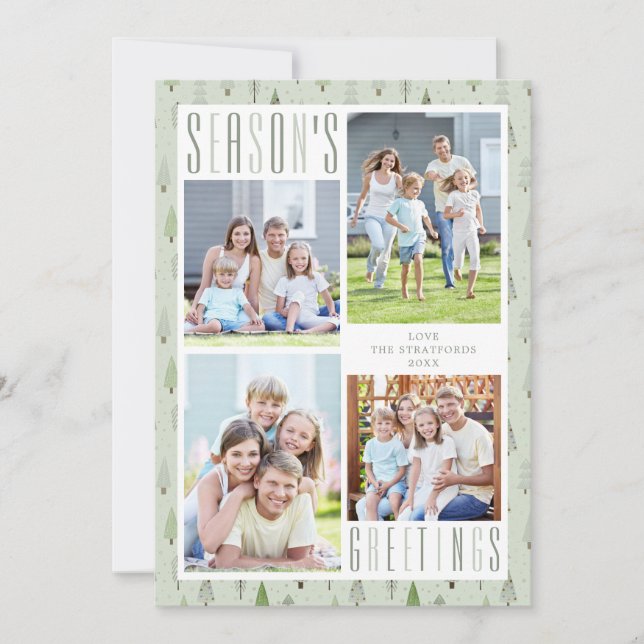Modern SEASONS GREETINGS 4 Photo Trees Sage Green Holiday Card (Front)
