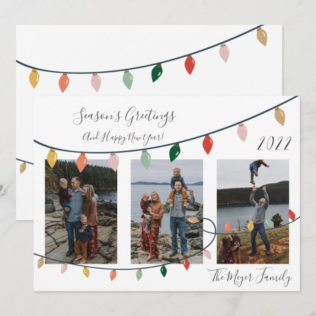 Modern Season's Greetings Christmas Lights 3 Photo Holiday Card (Front/Back)