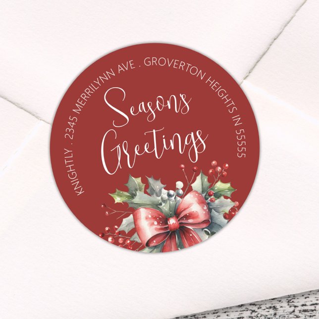 Modern SEASONS GREETINGS Red Bow Script Classic Round Sticker (Creator Uploaded)