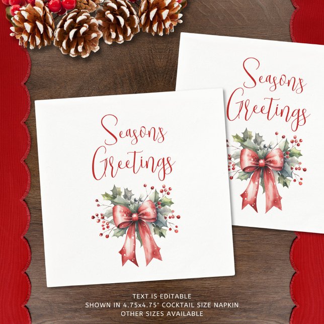 Modern Seasons Greetings Script Holly Bow Napkins (Creator Uploaded)