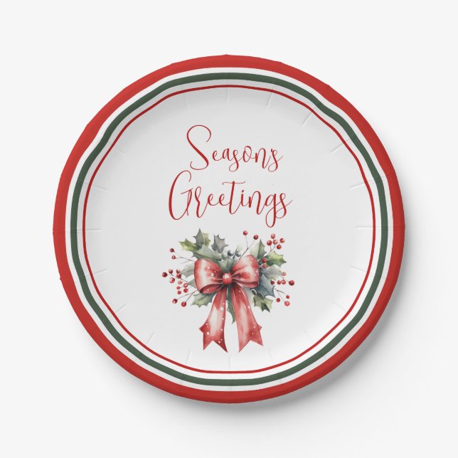 Modern Seasons Greetings Script Holly Bow Paper Plates (Front)