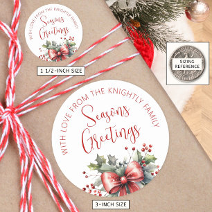 Modern Seasons Greetings Script Red Bow From Name Classic Round Sticker