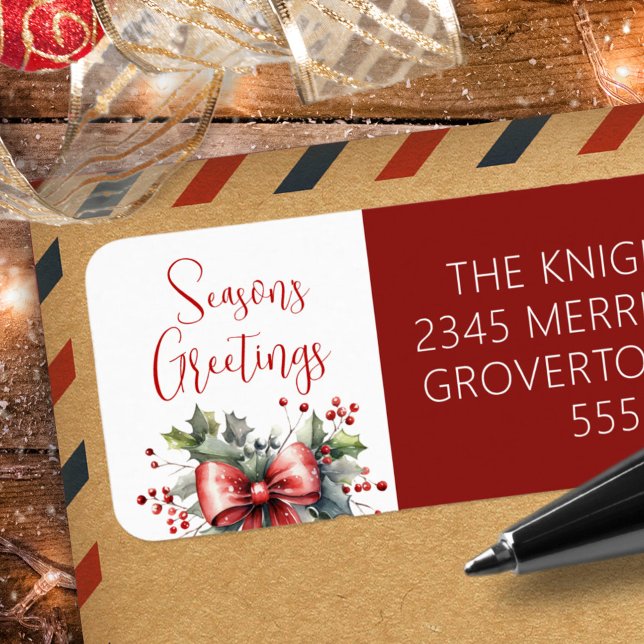 Modern Seasons Greetings Script Red Bow Label (Creator Uploaded)