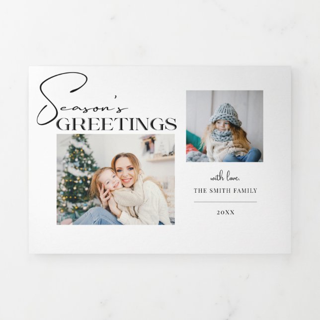 Modern Season's Greetings Typography 2-Photo Tri-Fold Holiday Card (Cover)