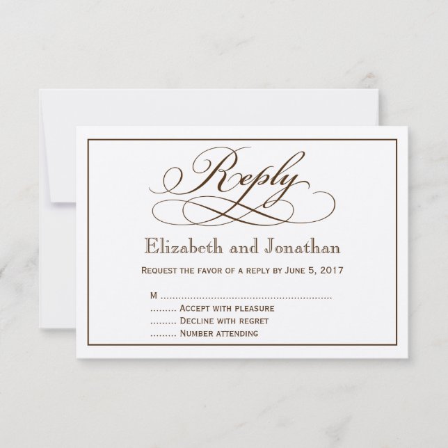 Modern Sepia Script Wedding Reply Card (Front)