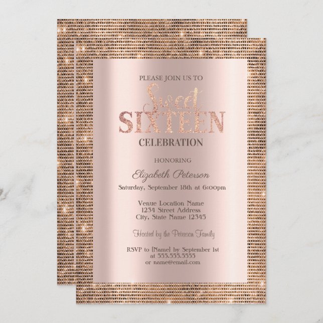Modern Sequins Frame Rose Gold  Sweet 16 Invitation (Front/Back)