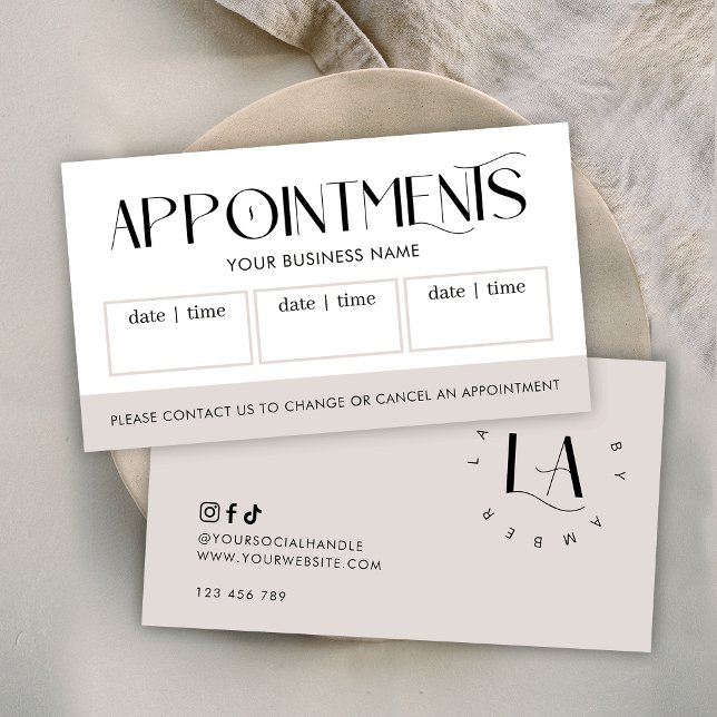 Modern Serif Font Logo Salon or Spa Taupe & White Appointment Card (Modern white snd taupe appointments card featuring trendy serif fonts and your custom logo)