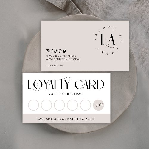 Modern Serif Font Logo Salon or Spa Taupe  White Loyalty Card