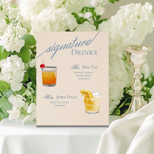 Modern Serif Signature Cocktails with Dusty Blue Pedestal Sign (Elevate your wedding bar or special event with this modern serif signature cocktails sign!)
