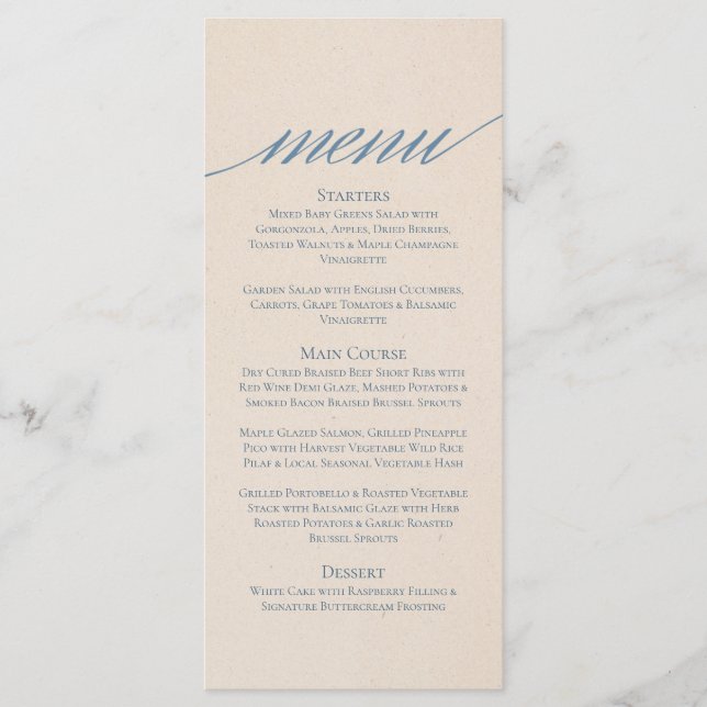 Modern Serif Wedding Menu in Dusty Blue (Front)