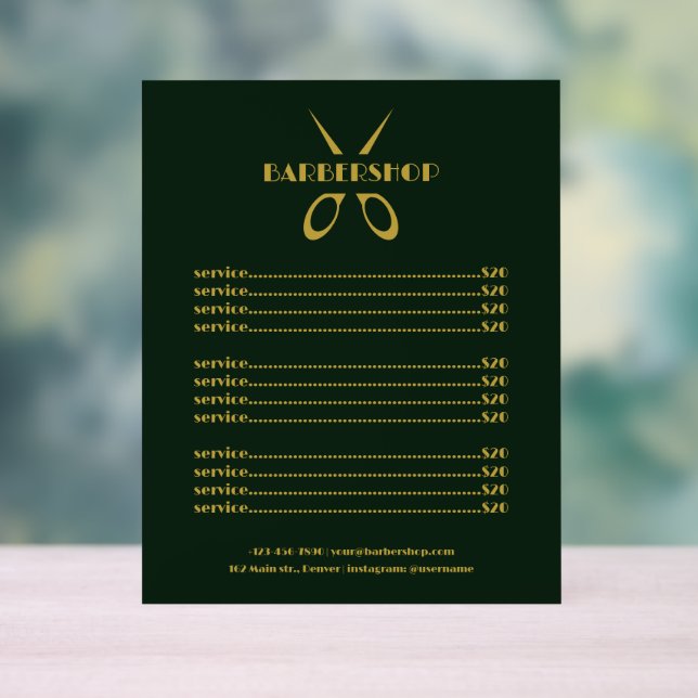 Modern Services Menu Green Barbershop Price List Acrylic Sign (Neutral)