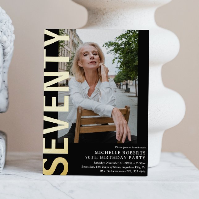 Modern SEVENTY Photo 70th Birthday Party Foil Invitation (Creator Uploaded)