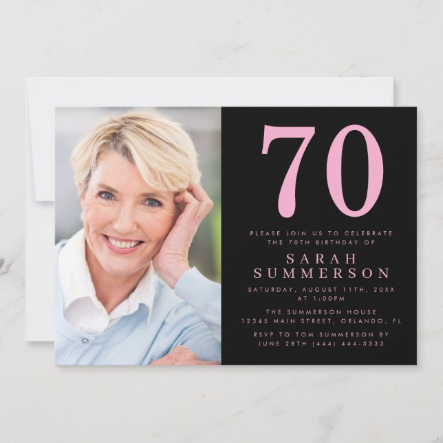 Modern Seventy Pink Black Photo 70th Birthday Invitation (Front)
