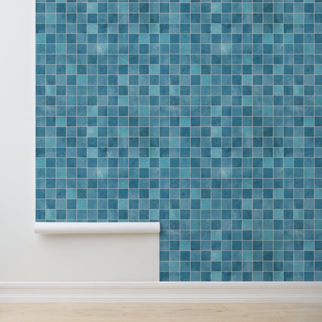 Modern Shades of Blue Ceramic Tile Mosaic Bathroom Wallpaper (Application)