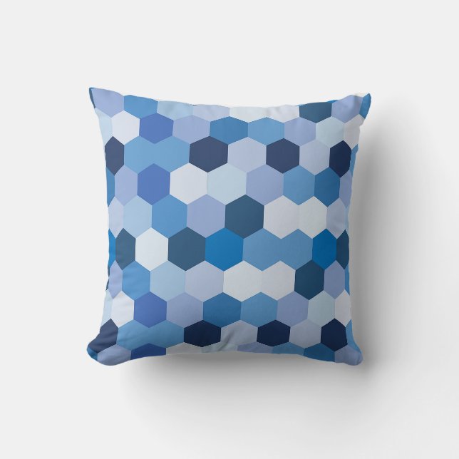 Modern Shades of Blues Whites Hexagonal Geometric Throw Pillow (Front)