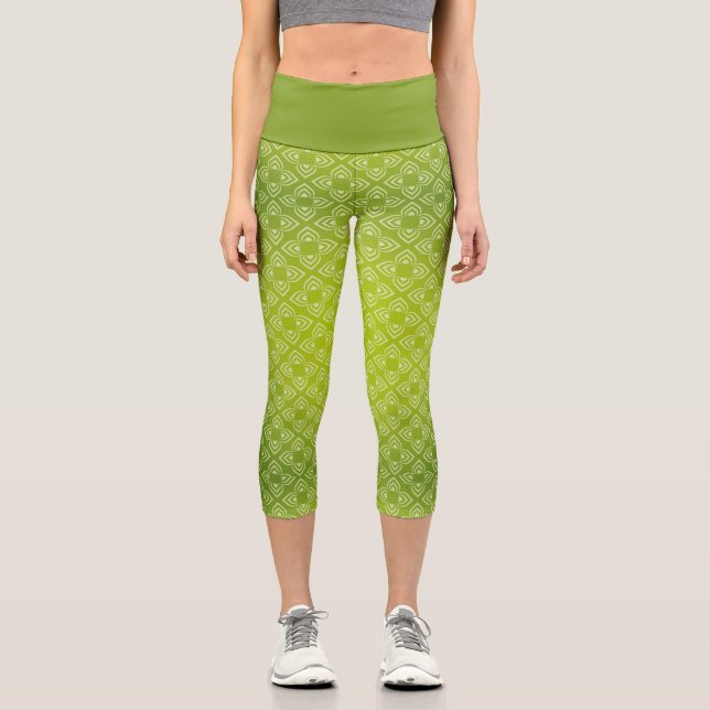 Modern Shades of Green Floral Capri Leggings (Front)