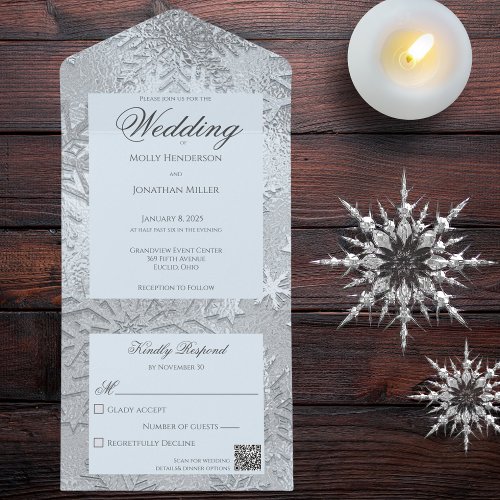 Modern Shades of Ice Blue Snowflake QR Code  All In One Invitation