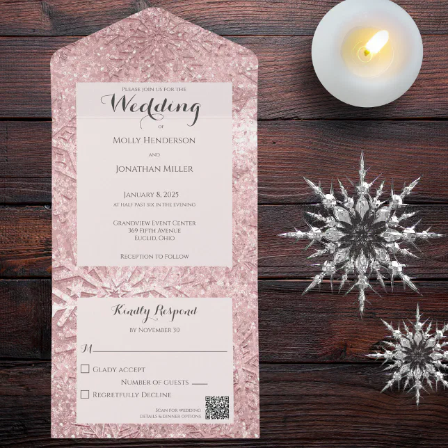 Modern Shades of Pink and Mauve Snowflake QR Code All In One Invitation ...