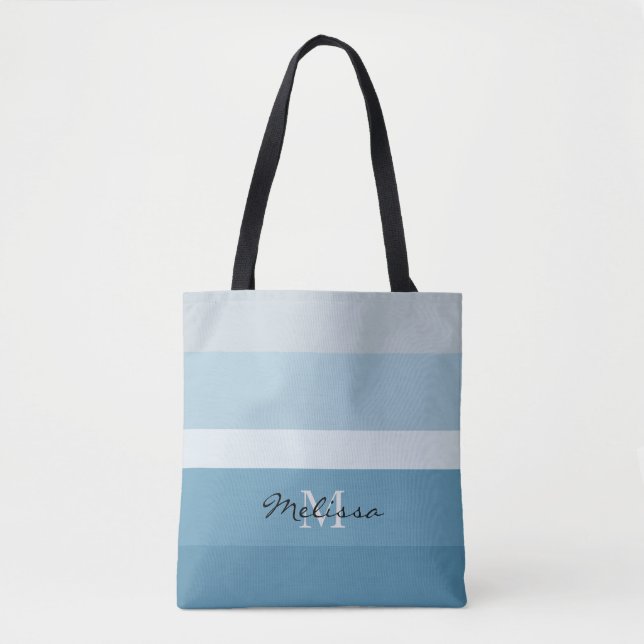 Modern shades of teal stripes monogram name tote bag (Front)