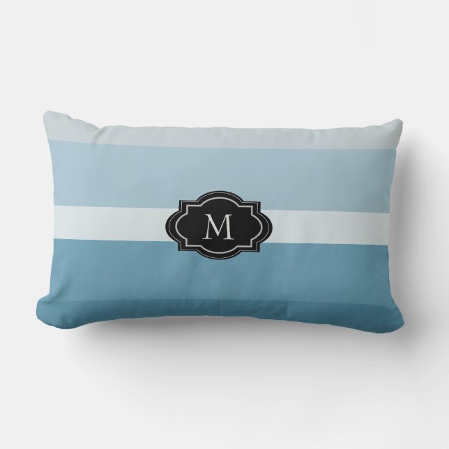Modern shades teal blue stripes monogram family lumbar pillow (Front)