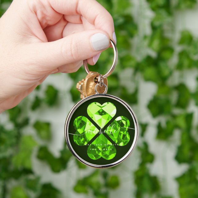 Modern Shamrock Lucky Clover St Patrick Emerald Keychain (Hand)