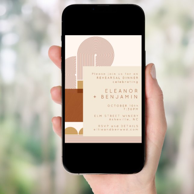 Modern Shapes and Line Terracotta Rehearsal Dinner Invitation (Front Digital)