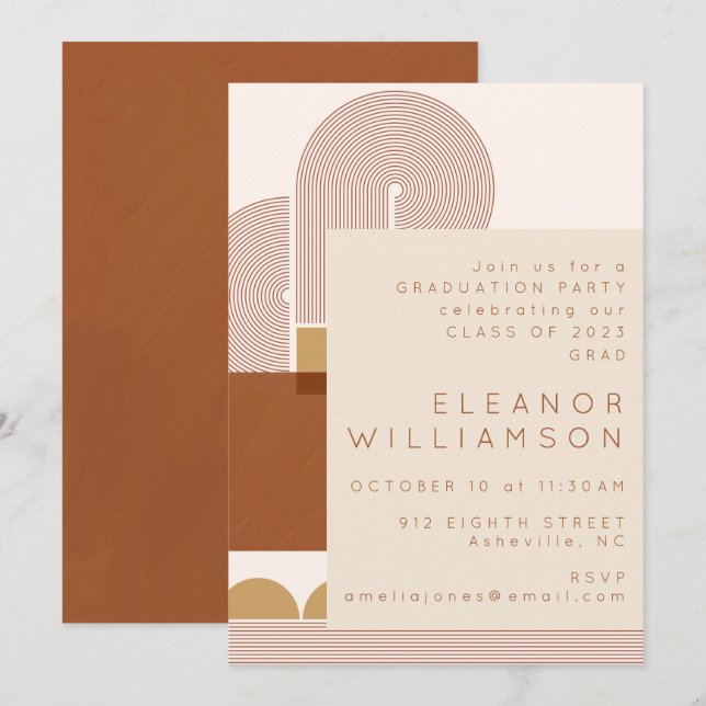 Modern Shapes Lines Terracotta Graduation Party Invitation (Front/Back)