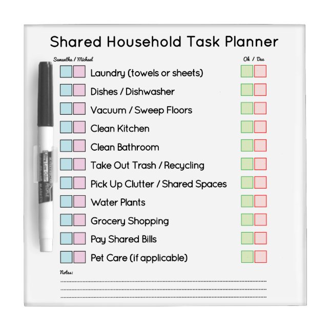 Modern Shared Household Task Planner Dry Erase Board (Front)