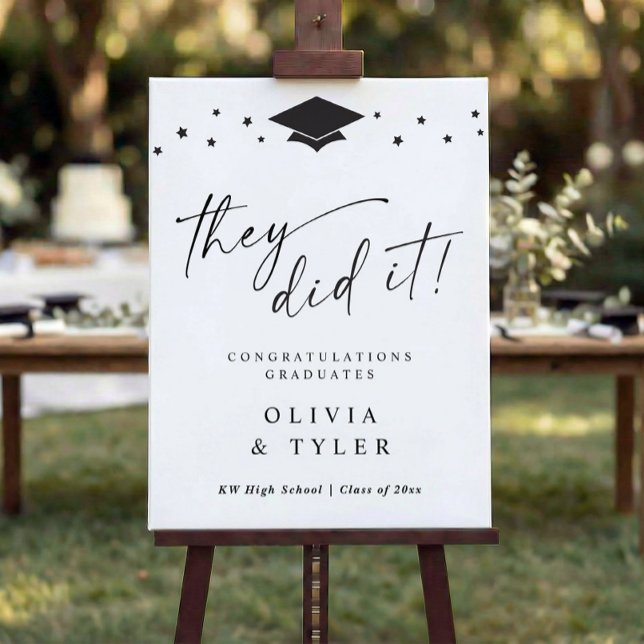 Modern Shared Joint Graduation Party Welcome Foam Board (Joint graduation party welcome sign with they did it script, stars and graduation cap)