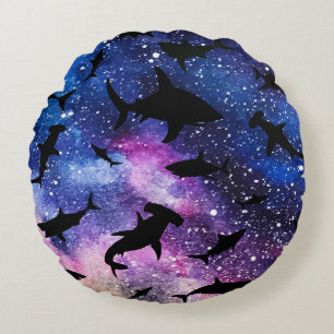 Modern Shark fish gradient colorful galaxy Space Round Pillow