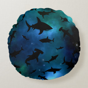 Modern shark fish jaws whale under the sea galaxy round pillow