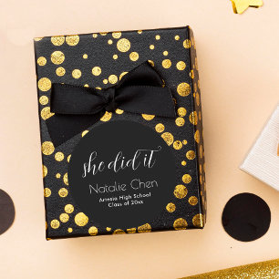 Modern She Did It Black Elegant Graduation Classic Round Sticker