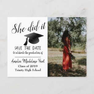 Modern   She Did It Save The Date Graduate Photo Postcard