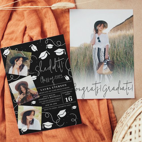 Modern She did it white black photo graduation Invitation