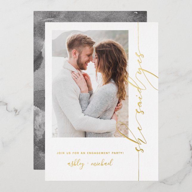 Modern She Said Yes Engagement Party Gold Foil Invitation (Front/Back)