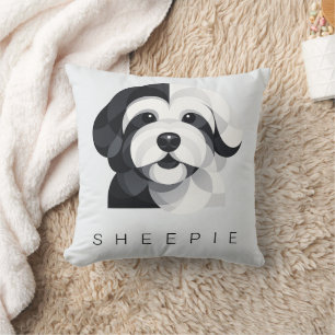 Modern Sheepadoodle Art - Geometric Black & White Throw Pillow
